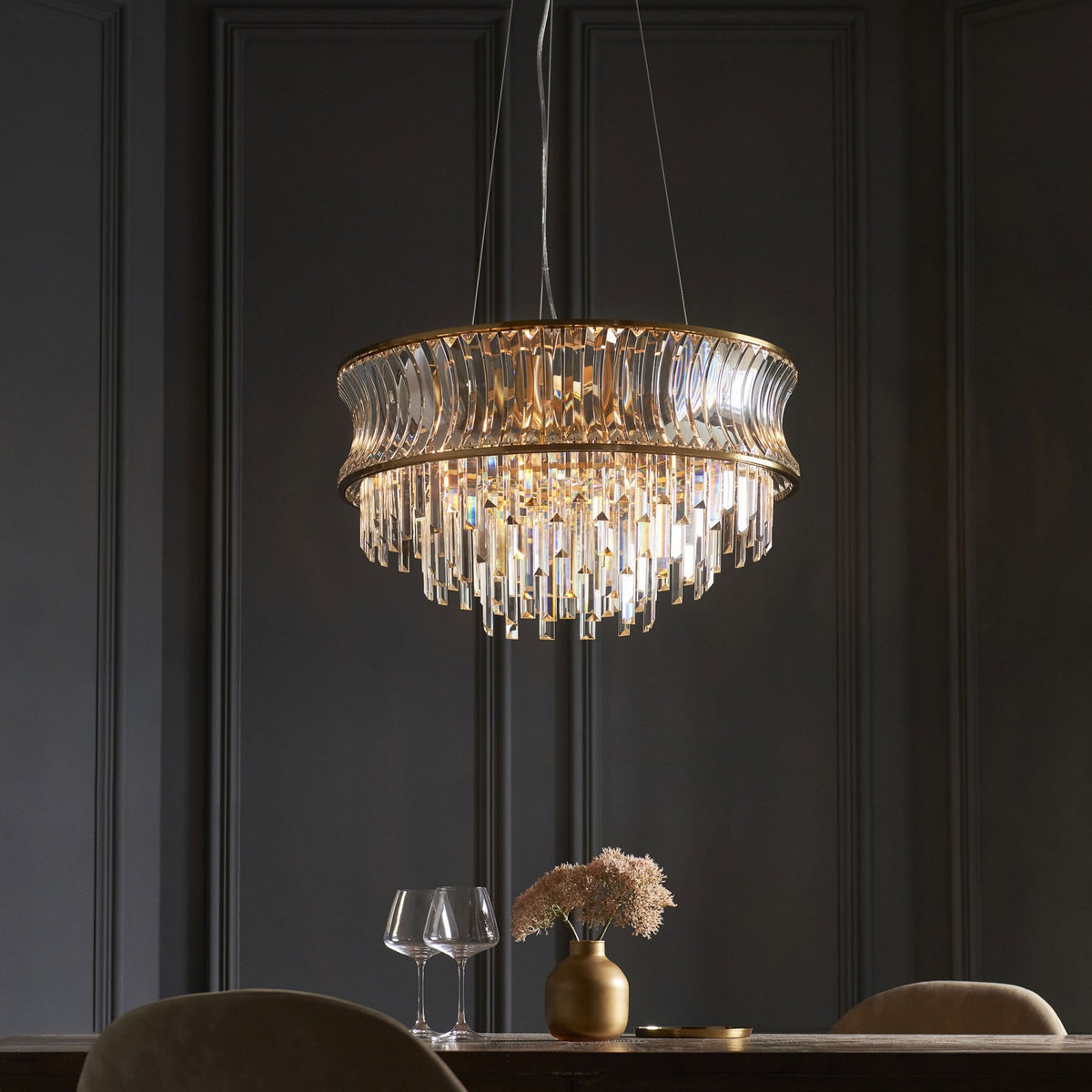 Chaldon Nine Light Pendant Chandelier in Brass with Clear Cut Faceted Crystals