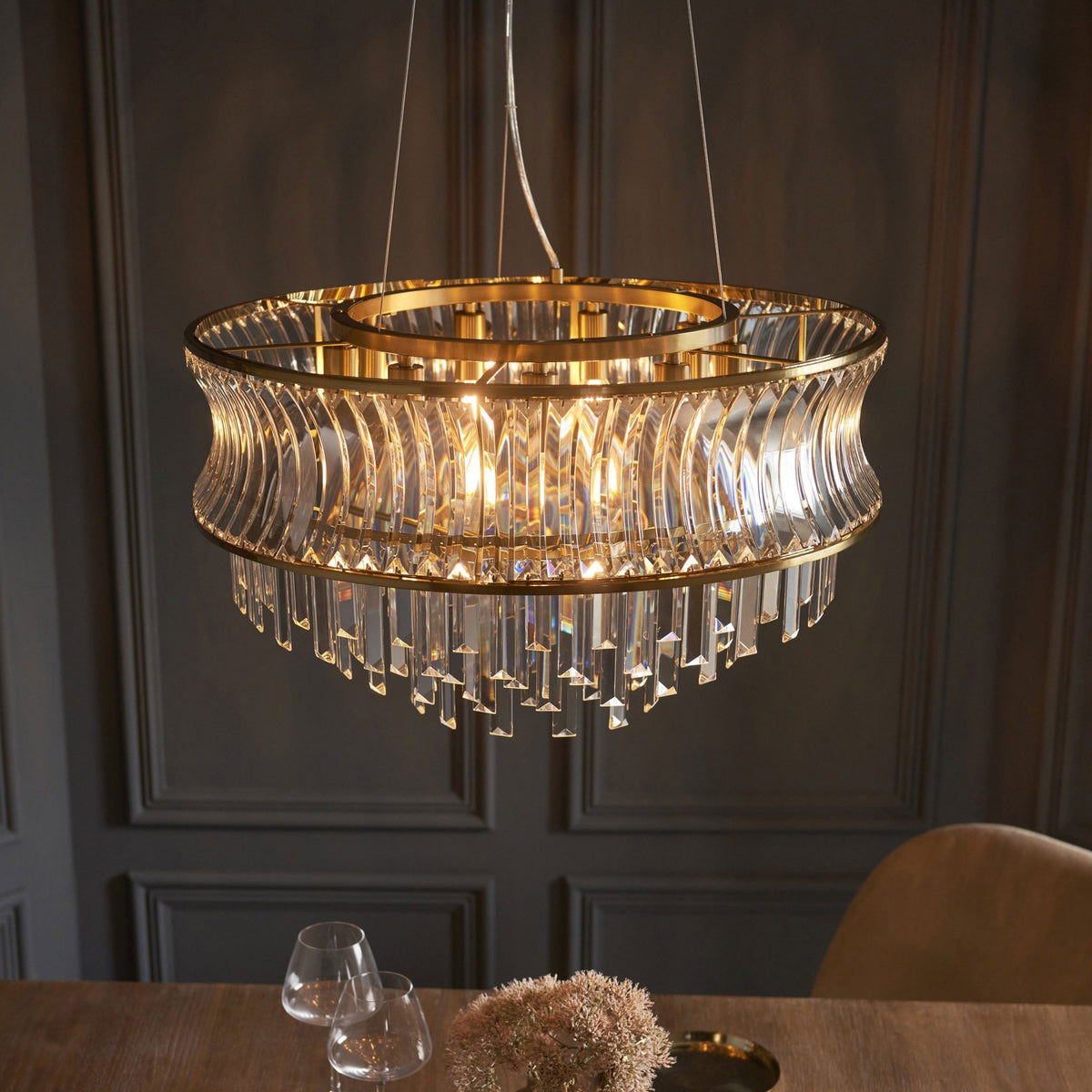 Chaldon Nine Light Pendant Chandelier in Brass with Clear Cut Faceted Crystals