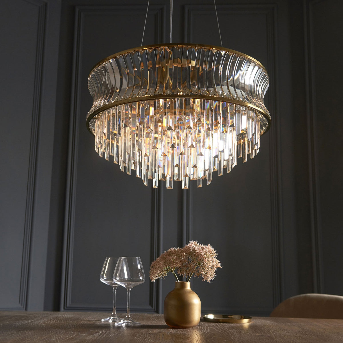 Chaldon Nine Light Pendant Chandelier in Brass with Clear Cut Faceted Crystals