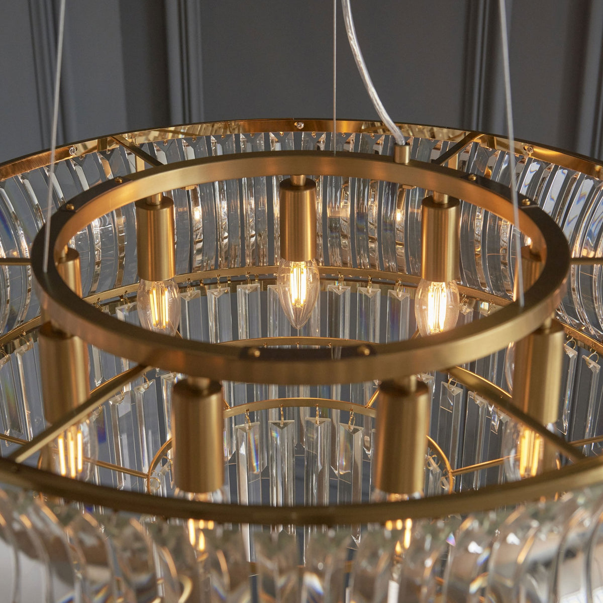 Chaldon Nine Light Pendant Chandelier in Brass with Clear Cut Faceted Crystals