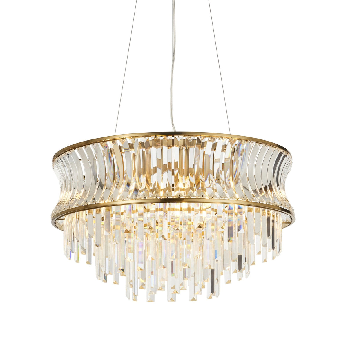 Chaldon Nine Light Pendant Chandelier in Brass with Clear Cut Faceted Crystals