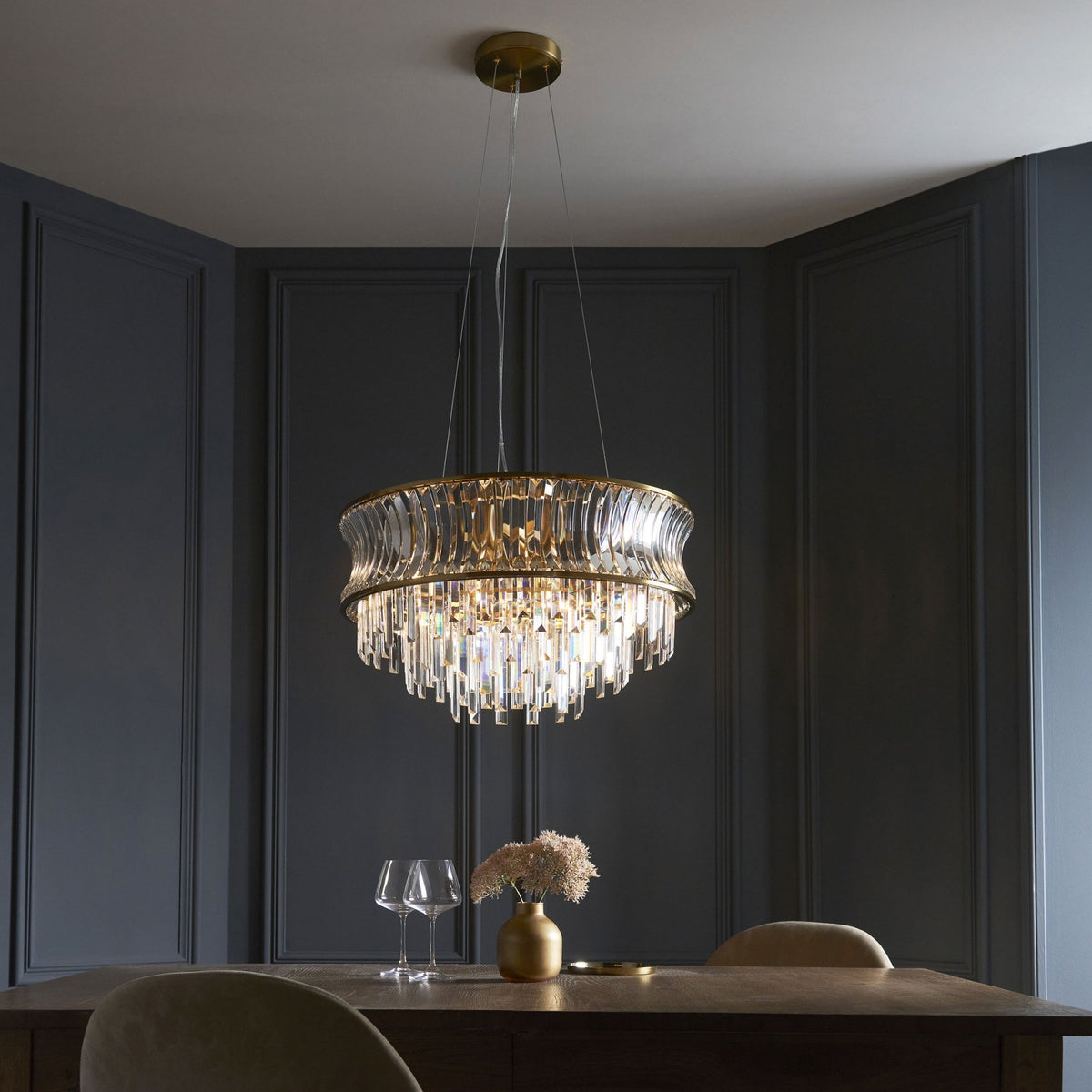 Chaldon Nine Light Pendant Chandelier in Brass with Clear Cut Faceted Crystals