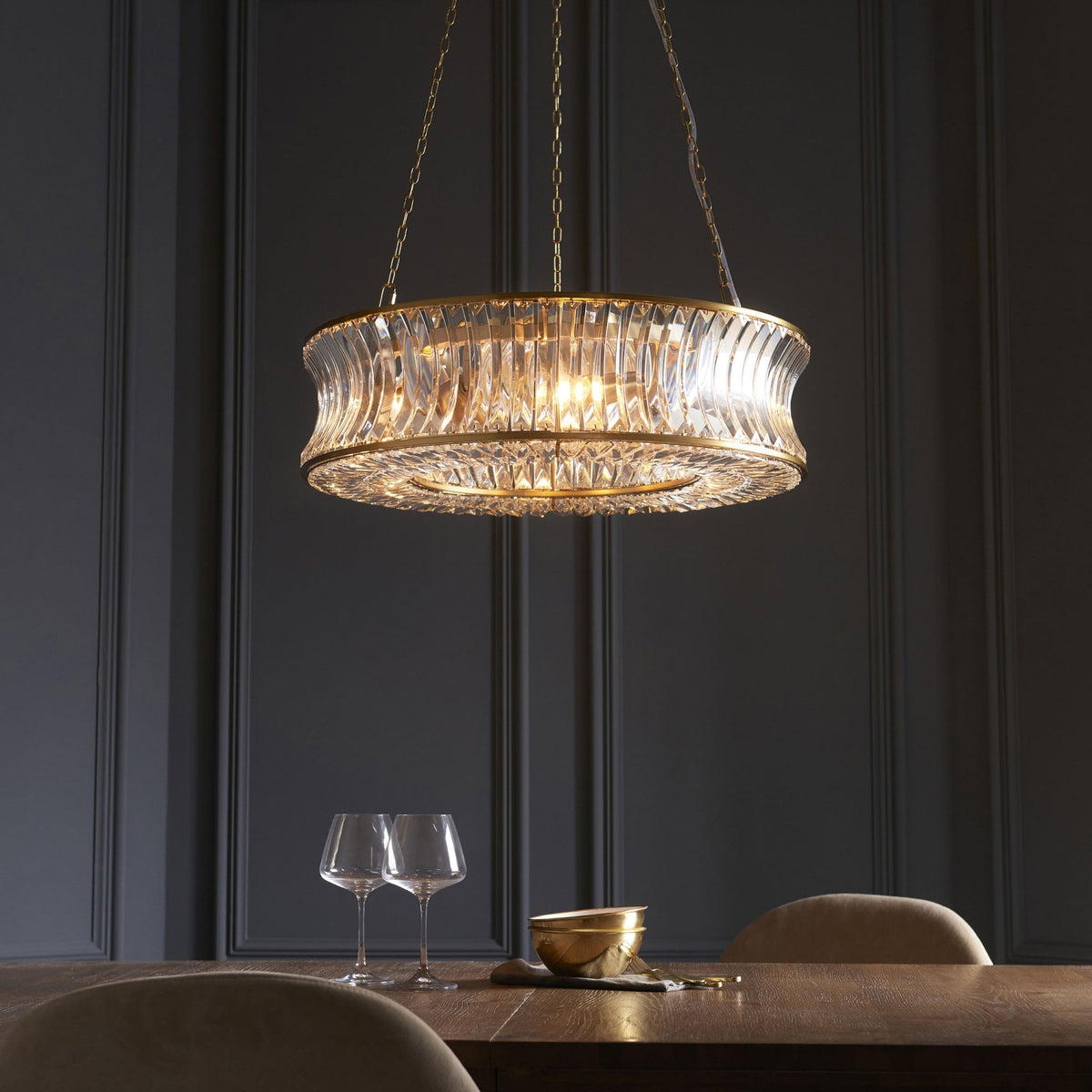 Chaldon Six Light Pendant Chandelier in Brass with Clear Cut Faceted Crystals
