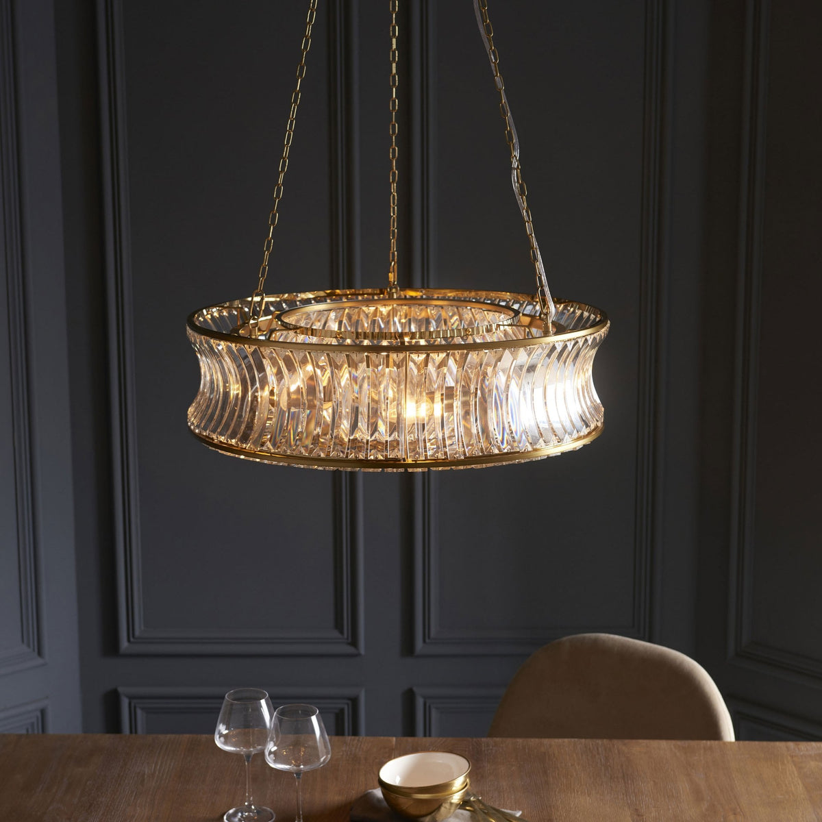 Chaldon Six Light Pendant Chandelier in Brass with Clear Cut Faceted Crystals