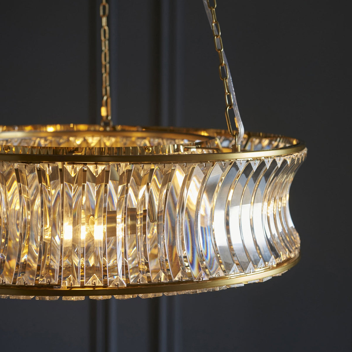 Chaldon Six Light Pendant Chandelier in Brass with Clear Cut Faceted Crystals