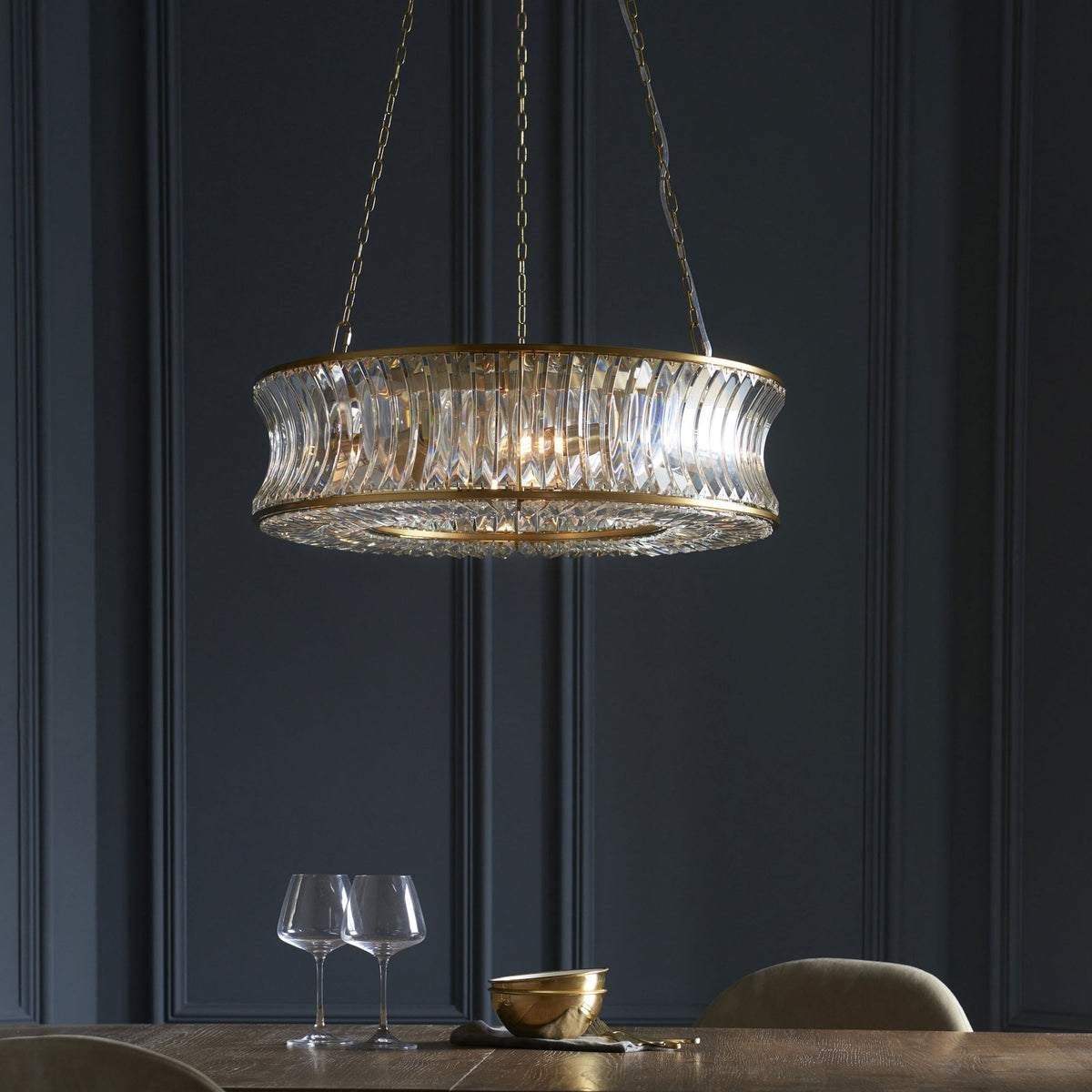 Chaldon Six Light Pendant Chandelier in Brass with Clear Cut Faceted Crystals