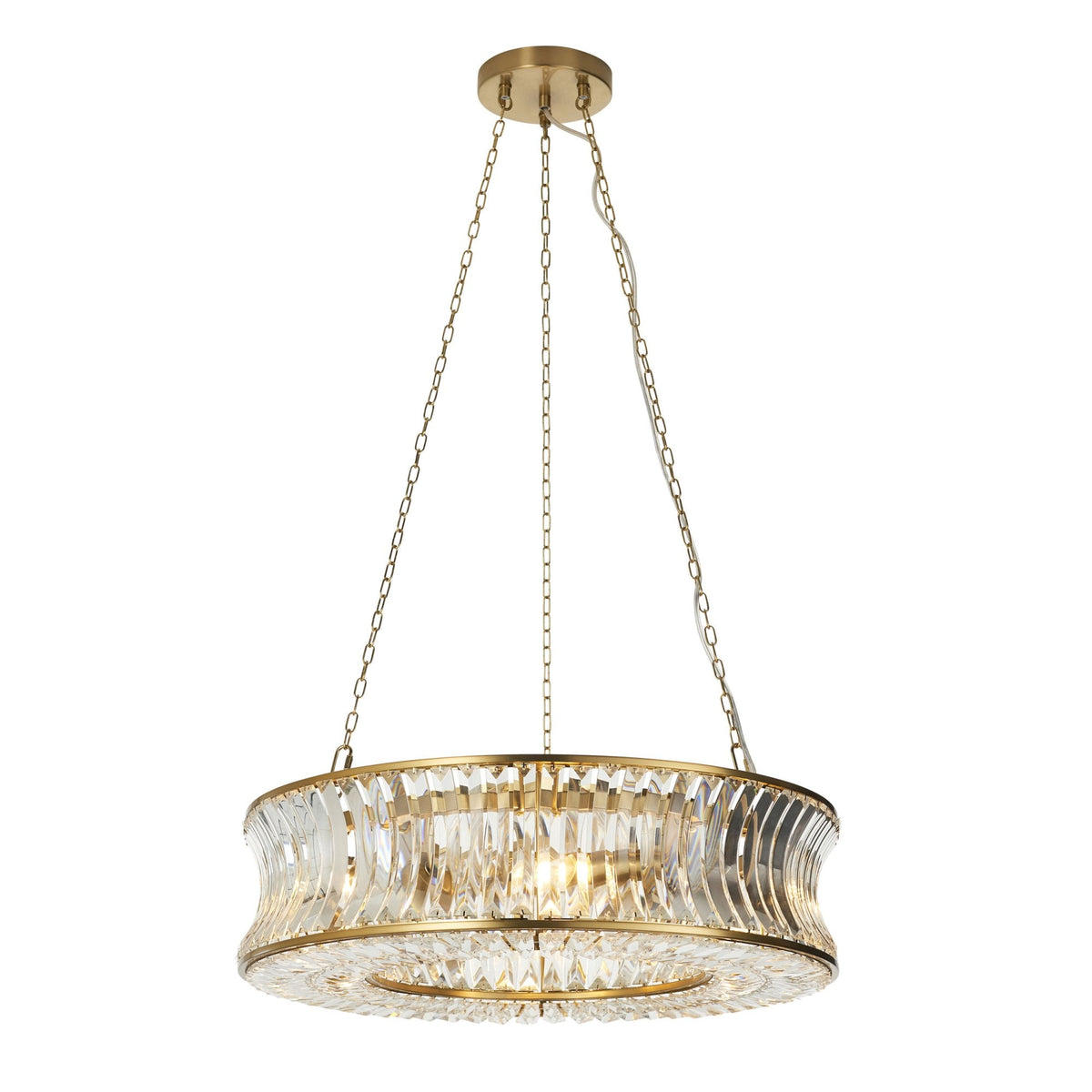 Chaldon Six Light Pendant Chandelier in Brass with Clear Cut Faceted Crystals