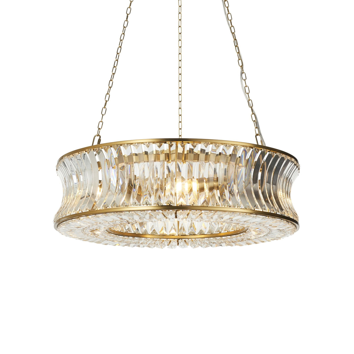 Chaldon Six Light Pendant Chandelier in Brass with Clear Cut Faceted Crystals