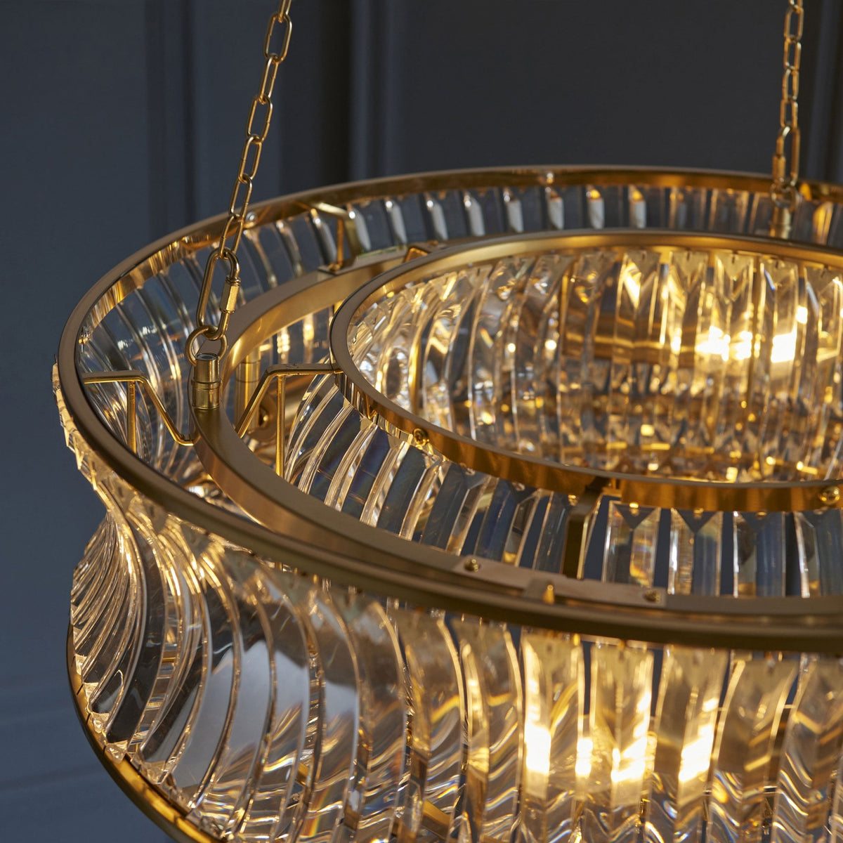 Chaldon Six Light Pendant Chandelier in Brass with Clear Cut Faceted Crystals