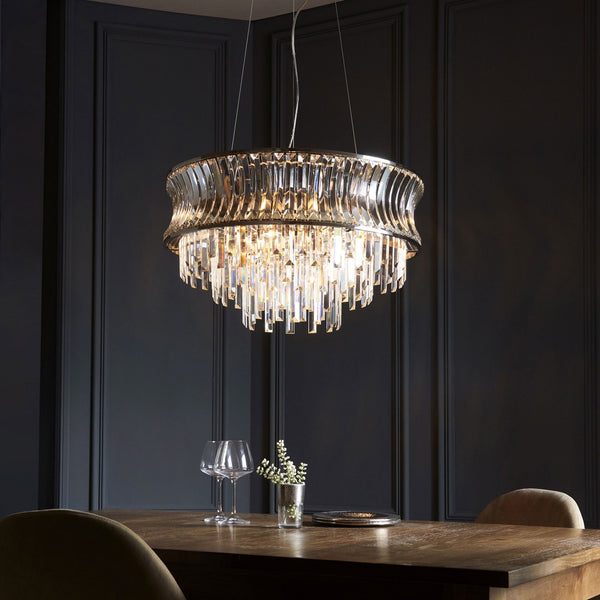 Chaldon Nine Light Pendant Chandelier in Nickel with Clear Cut Faceted Crystals