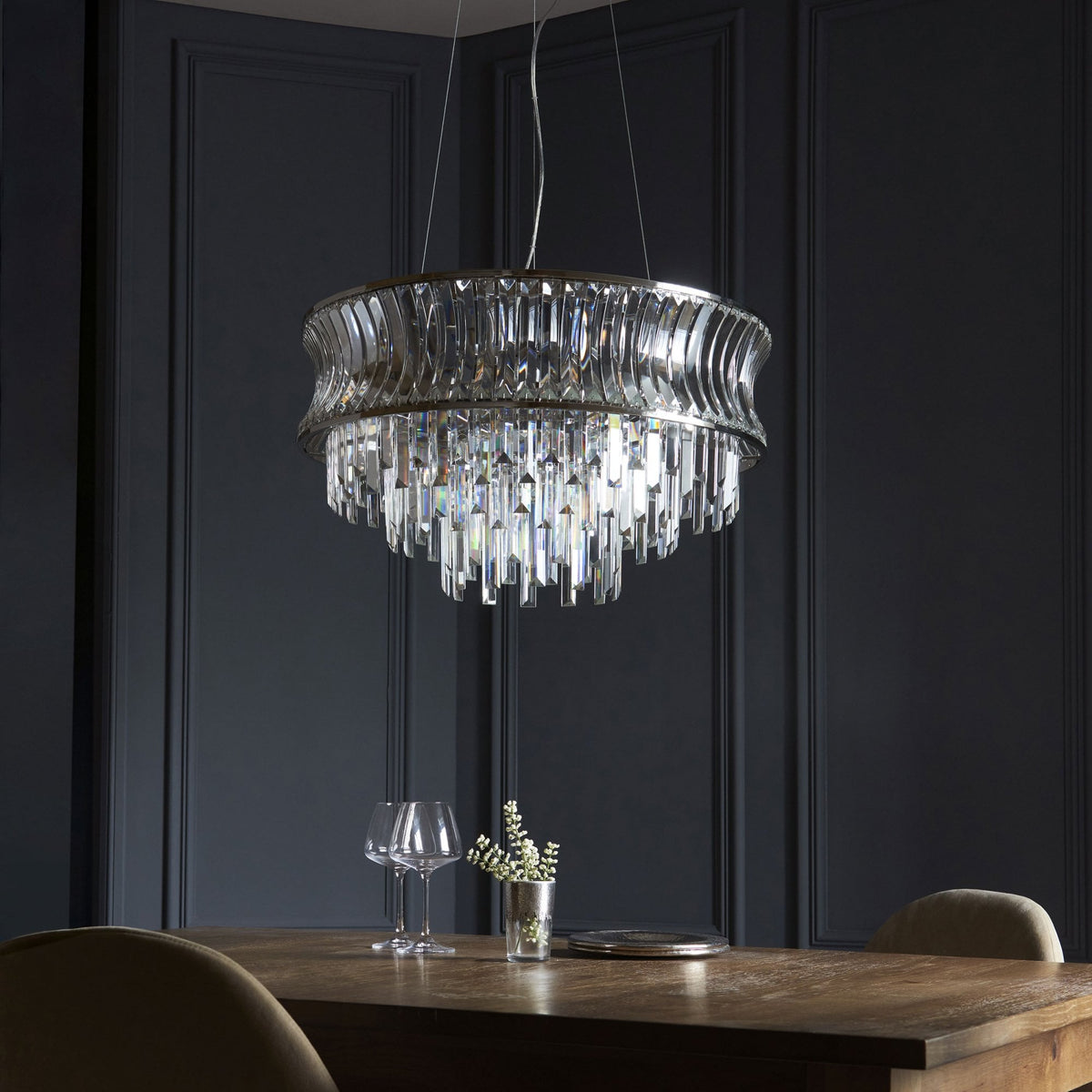 Chaldon Nine Light Pendant Chandelier in Nickel with Clear Cut Faceted Crystals