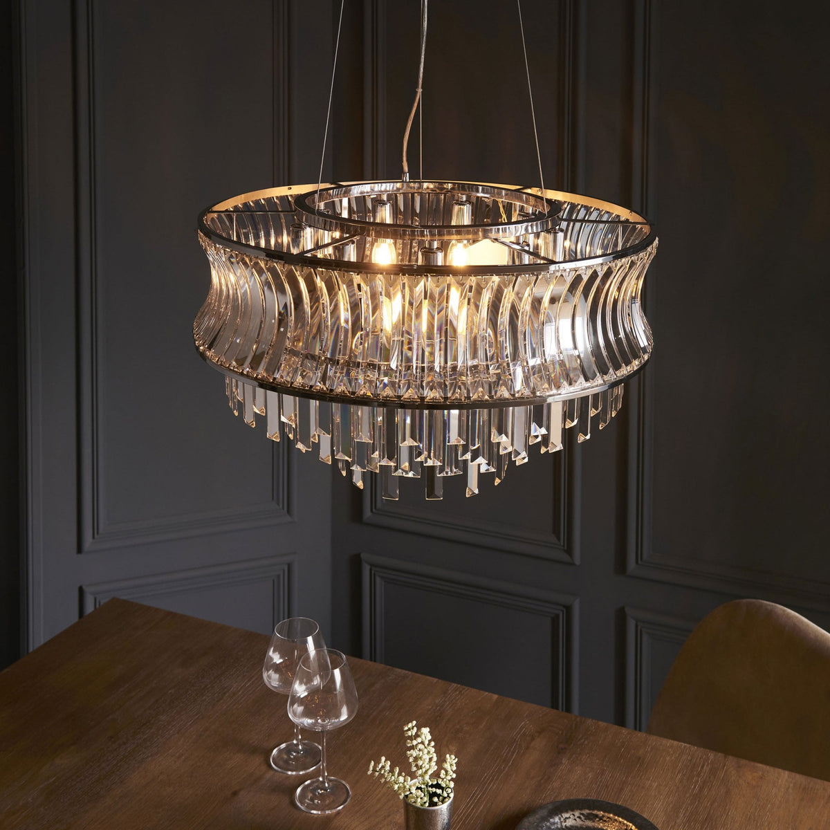 Chaldon Nine Light Pendant Chandelier in Nickel with Clear Cut Faceted Crystals