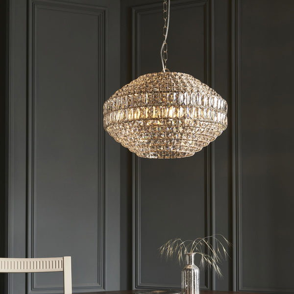 Beatrice Five Light Pendant Chandelier in Nickel with Clear Cut Faceted Crystals