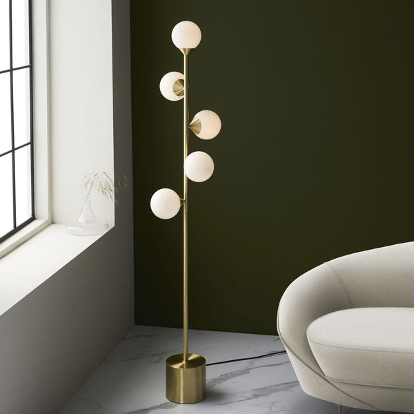 Sturminster Floor Lamp in Brushed Brass with Gloss Opal Glass Shades