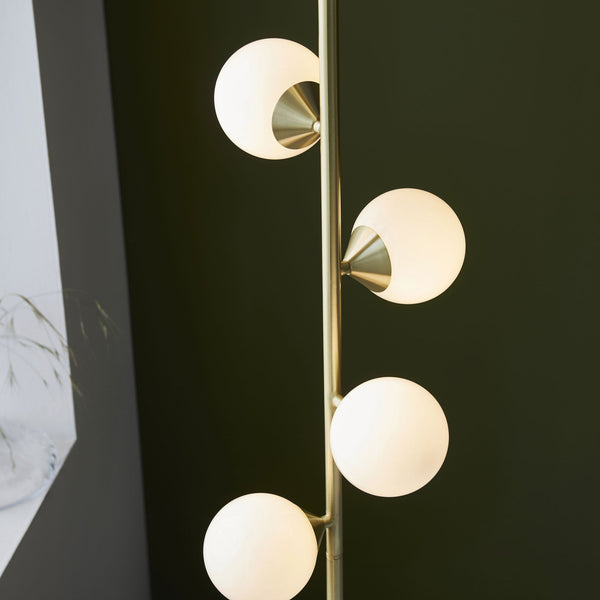 Sturminster Floor Lamp in Brushed Brass with Gloss Opal Glass Shades