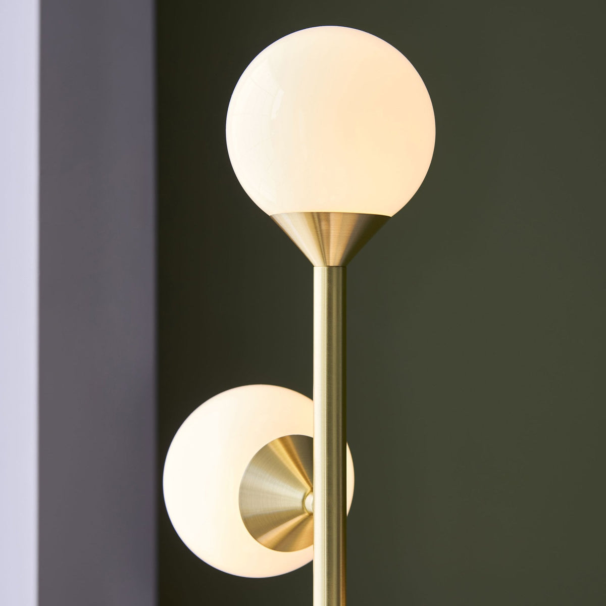 Sturminster Floor Lamp in Brushed Brass with Gloss Opal Glass Shades