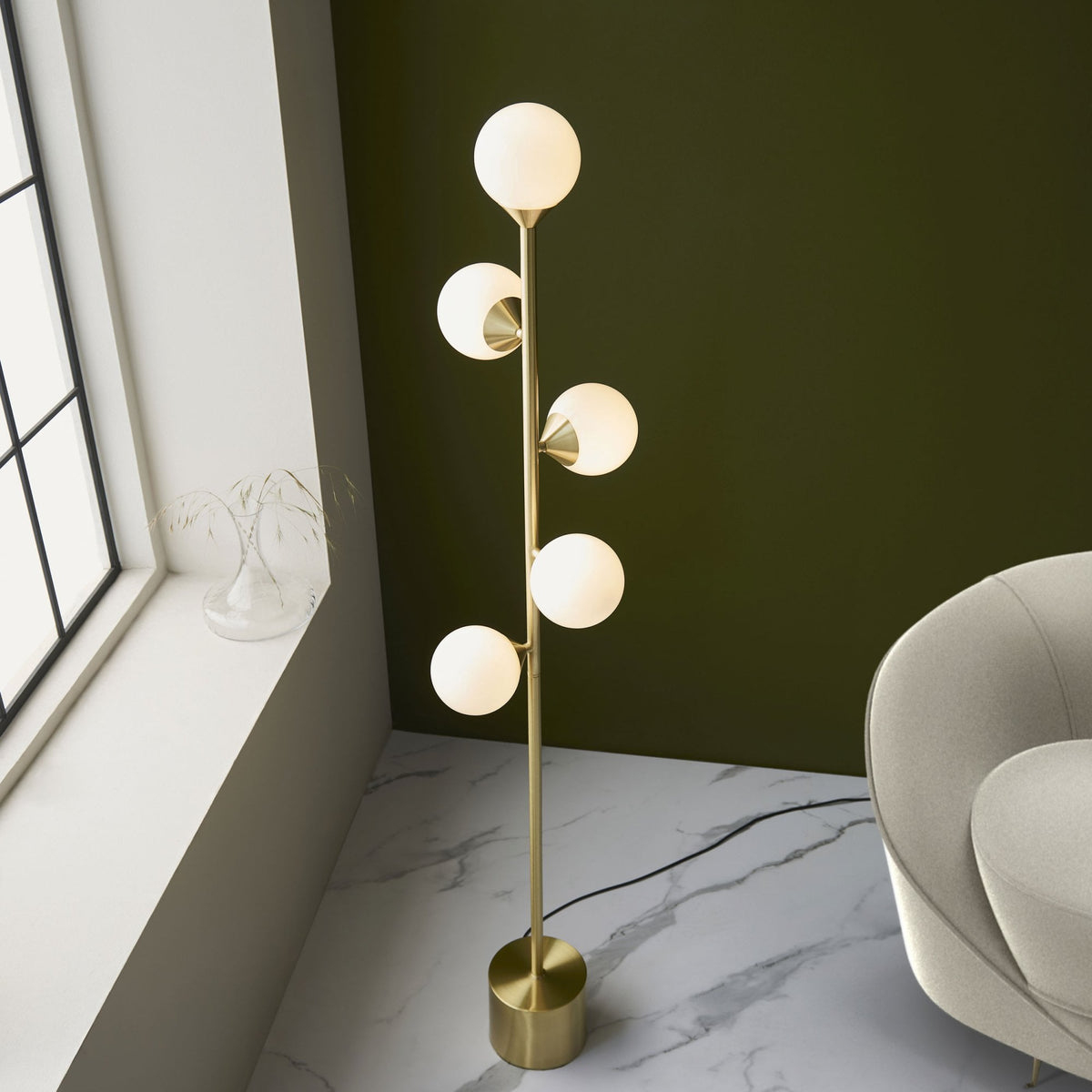 Sturminster Floor Lamp in Brushed Brass with Gloss Opal Glass Shades