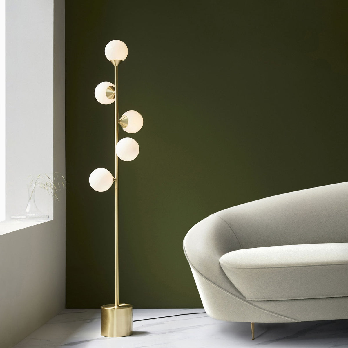 Sturminster Floor Lamp in Brushed Brass with Gloss Opal Glass Shades