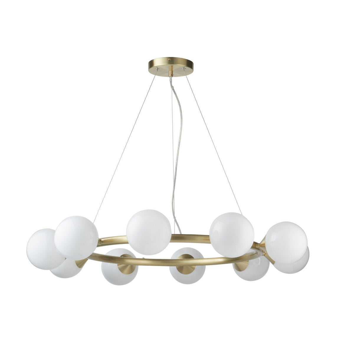 A large, round brass chandelier with ten white globe lights hanging against a white background.