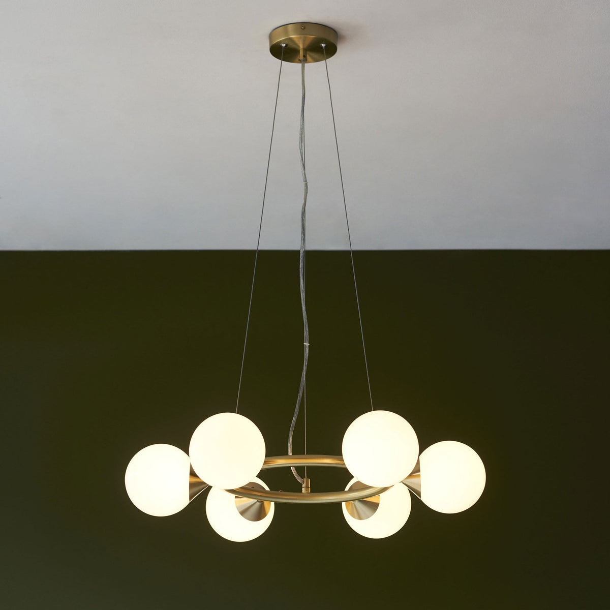 Sturminster Six Lamp Ring Pendant in Brushed Brass with Gloss Opal Glass Shades
