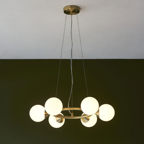 Sturminster Six Lamp Ring Pendant in Brushed Brass with Gloss Opal Glass Shades
