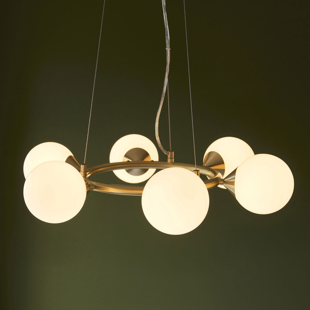 Sturminster Six Lamp Ring Pendant in Brushed Brass with Gloss Opal Glass Shades