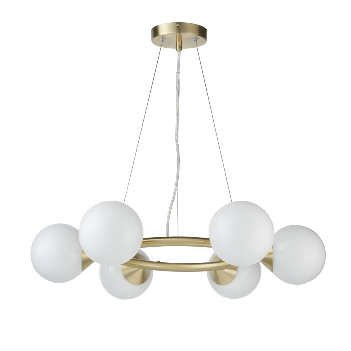 Sturminster Six Lamp Ring Pendant in Brushed Brass with Gloss Opal Glass Shades