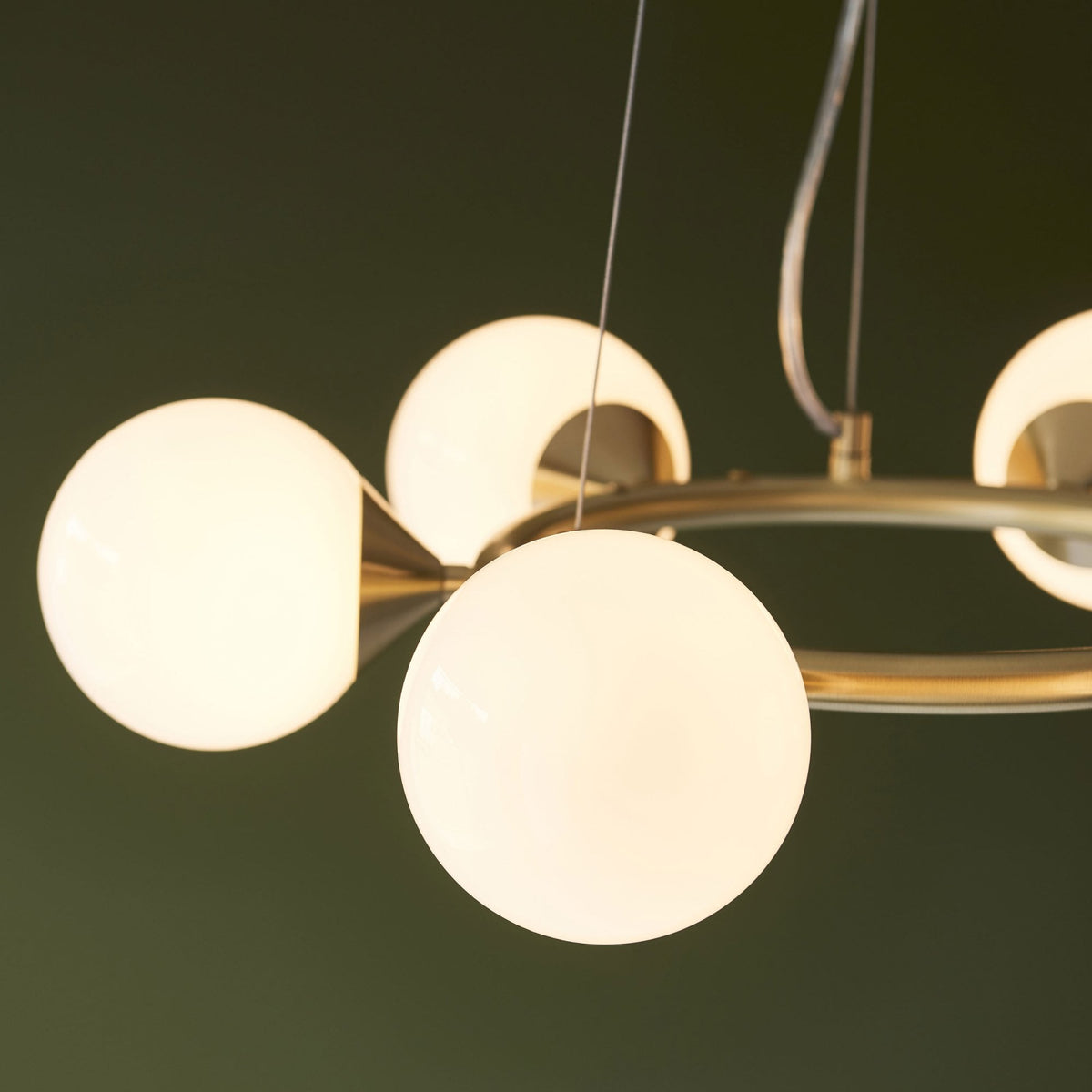 Sturminster Six Lamp Ring Pendant in Brushed Brass with Gloss Opal Glass Shades