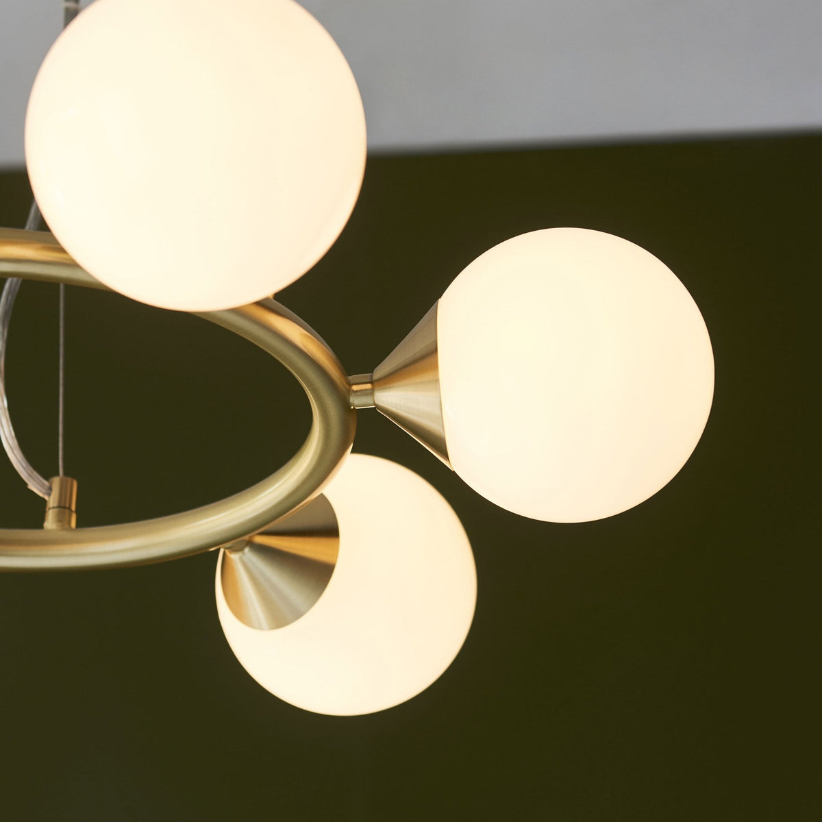 Sturminster Six Lamp Ring Pendant in Brushed Brass with Gloss Opal Glass Shades