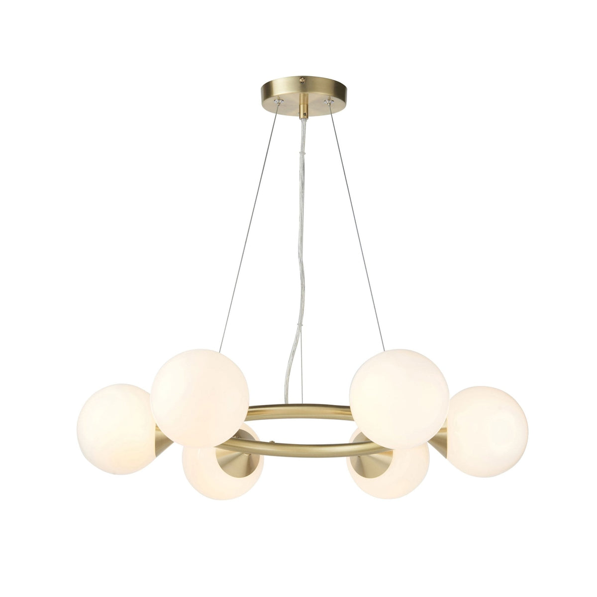 Sturminster Six Lamp Ring Pendant in Brushed Brass with Gloss Opal Glass Shades