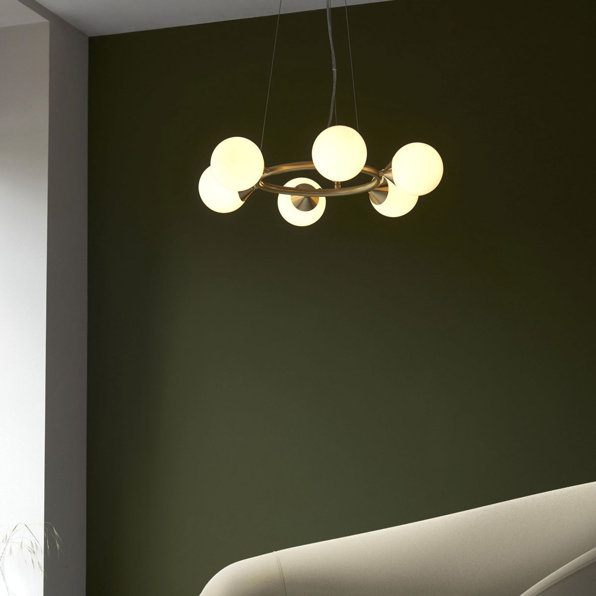 Sturminster Six Lamp Ring Pendant in Brushed Brass with Gloss Opal Glass Shades
