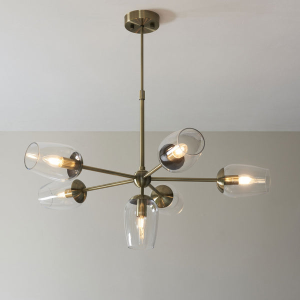 Maeve Six Light Adjustable Stem Pendant in Antique Brass & Clear Glass