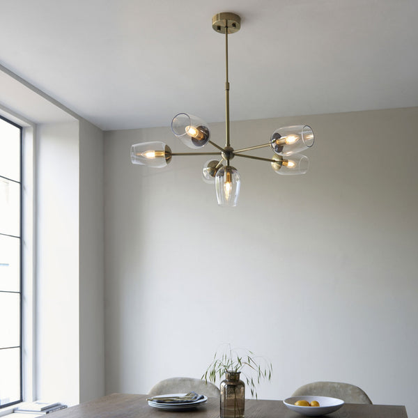 Maeve Six Light Adjustable Stem Pendant in Antique Brass & Clear Glass