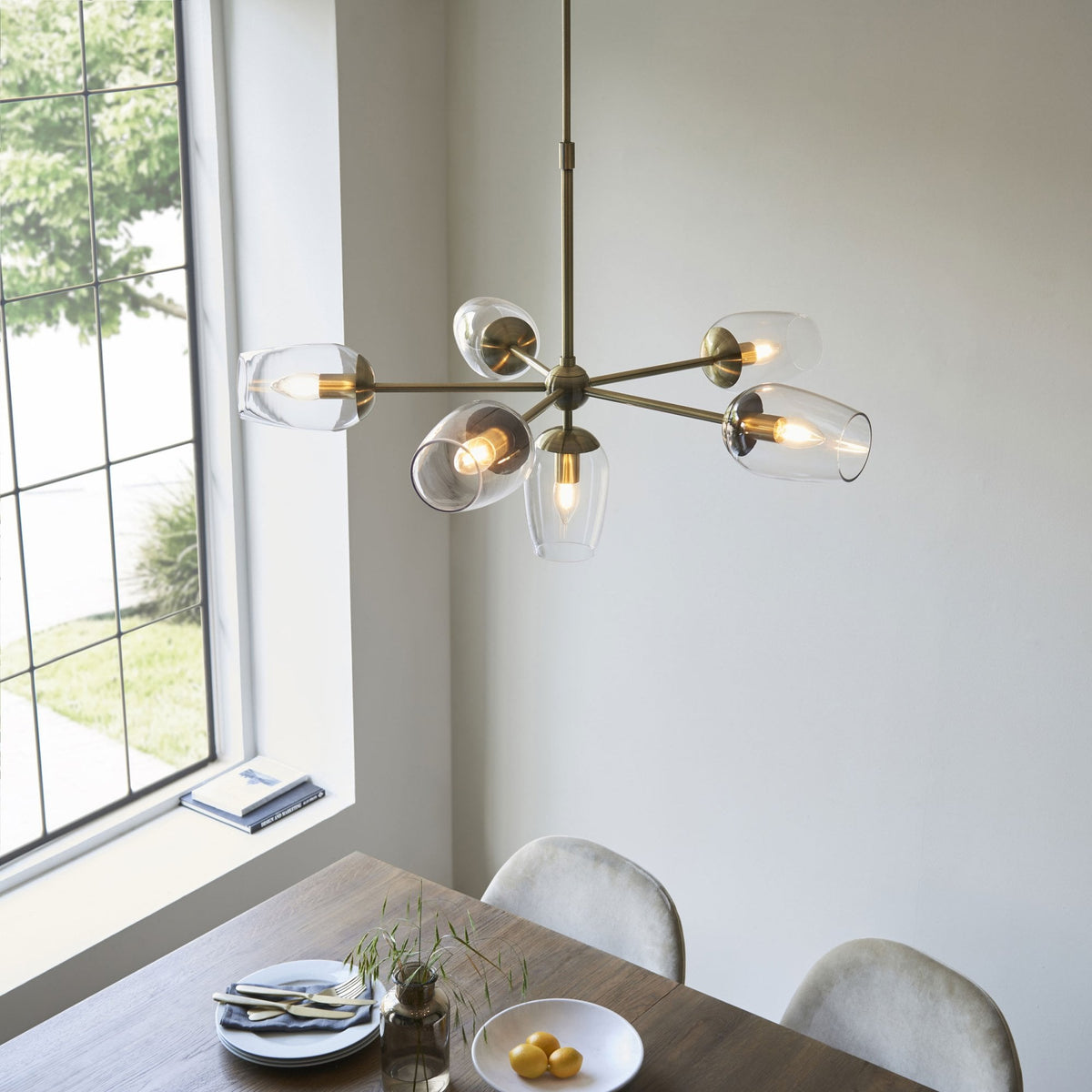 Maeve Six Light Adjustable Stem Pendant in Antique Brass & Clear Glass