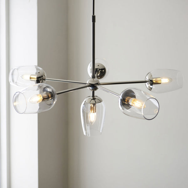 Maeve Six Light Adjustable Stem Pendant in Bright Nickel & Clear Glass
