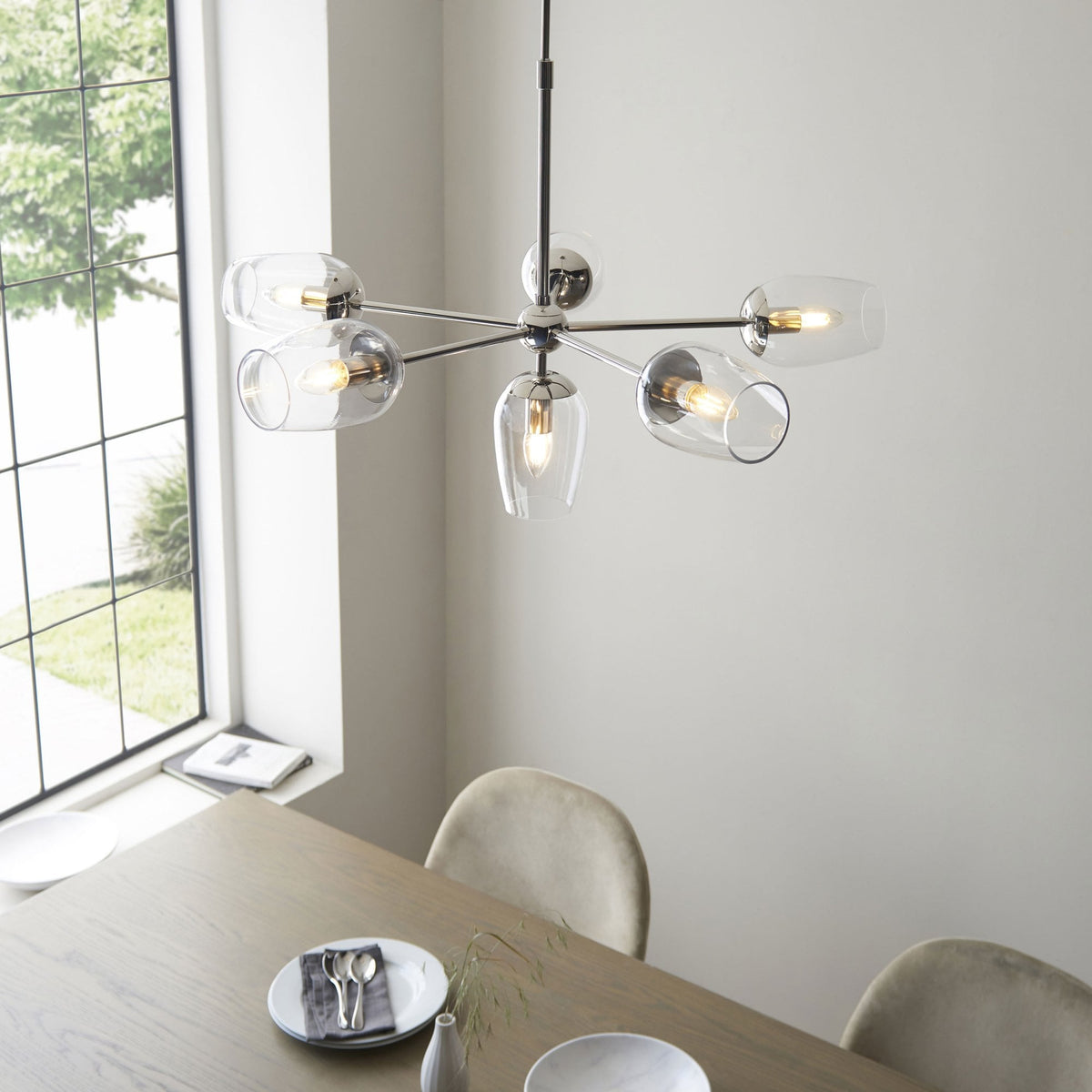 Maeve Six Light Adjustable Stem Pendant in Bright Nickel & Clear Glass