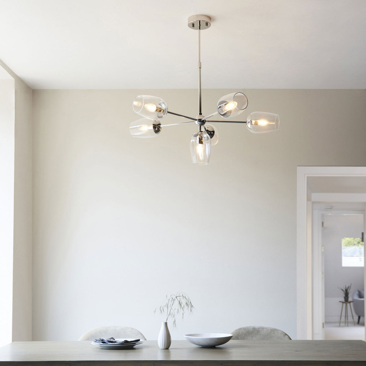 Maeve Six Light Adjustable Stem Pendant in Bright Nickel & Clear Glass