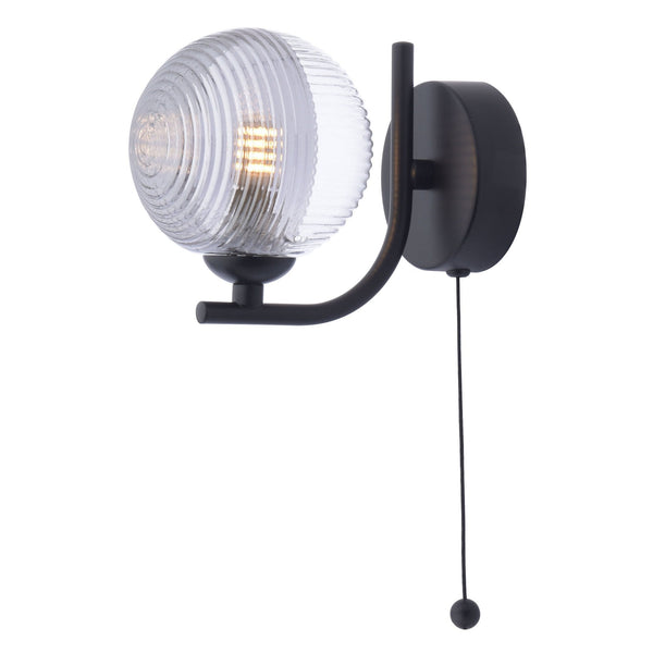 Cradle Switched Wall Light In Matt Black With Smoked & Clear Ribbed Glass Shade