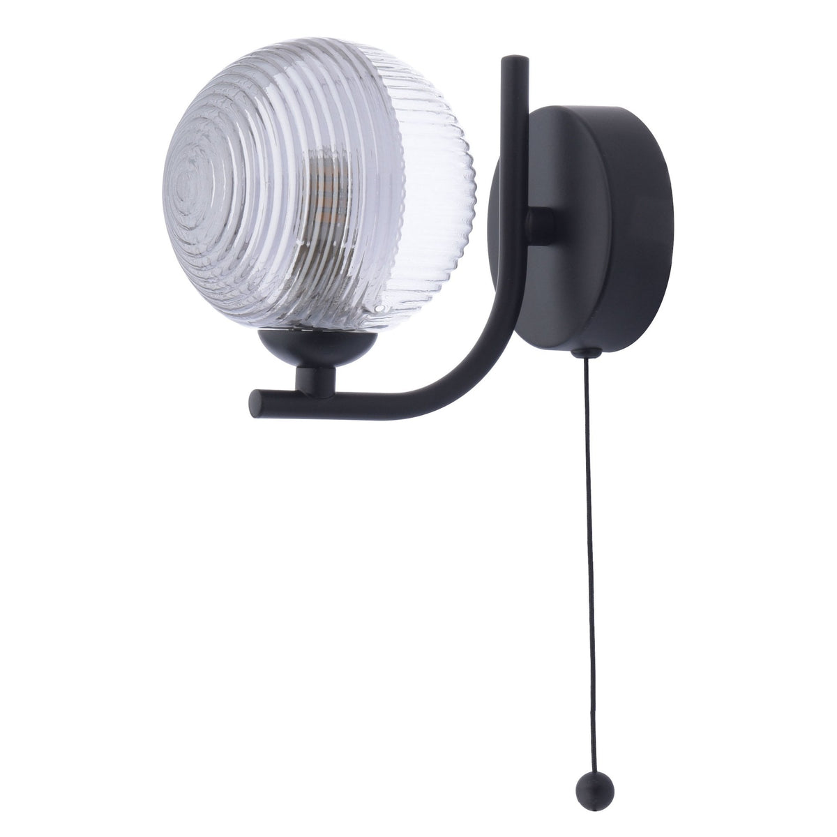 Cradle Switched Wall Light In Matt Black With Smoked & Clear Ribbed Glass Shade