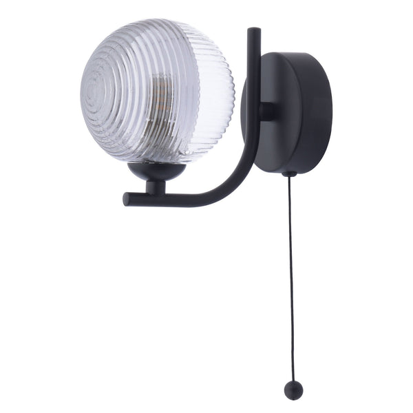 Cradle Switched Wall Light In Matt Black With Smoked & Clear Ribbed Glass Shade