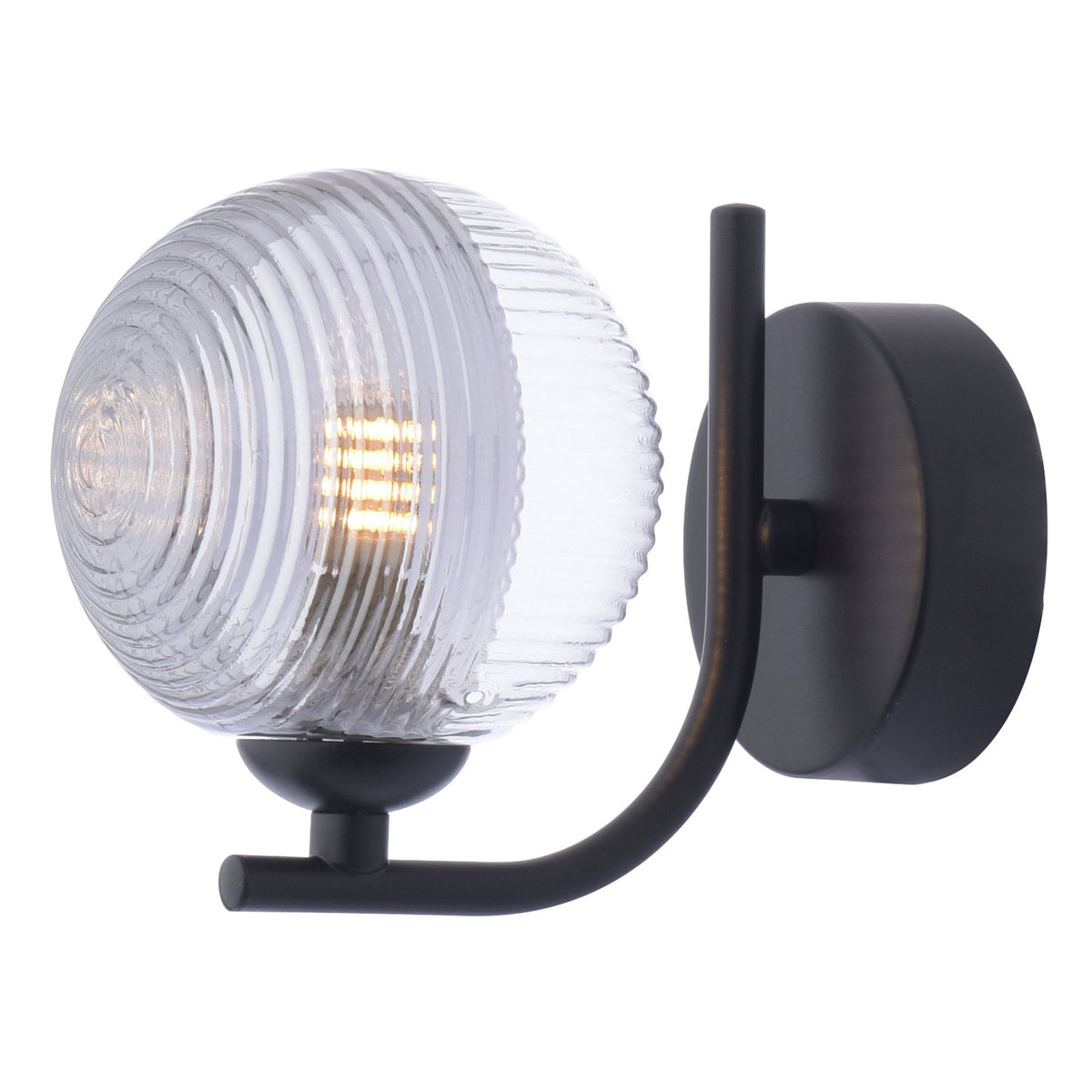 Cradle Switched Wall Light In Matt Black With Smoked & Clear Ribbed Glass Shade