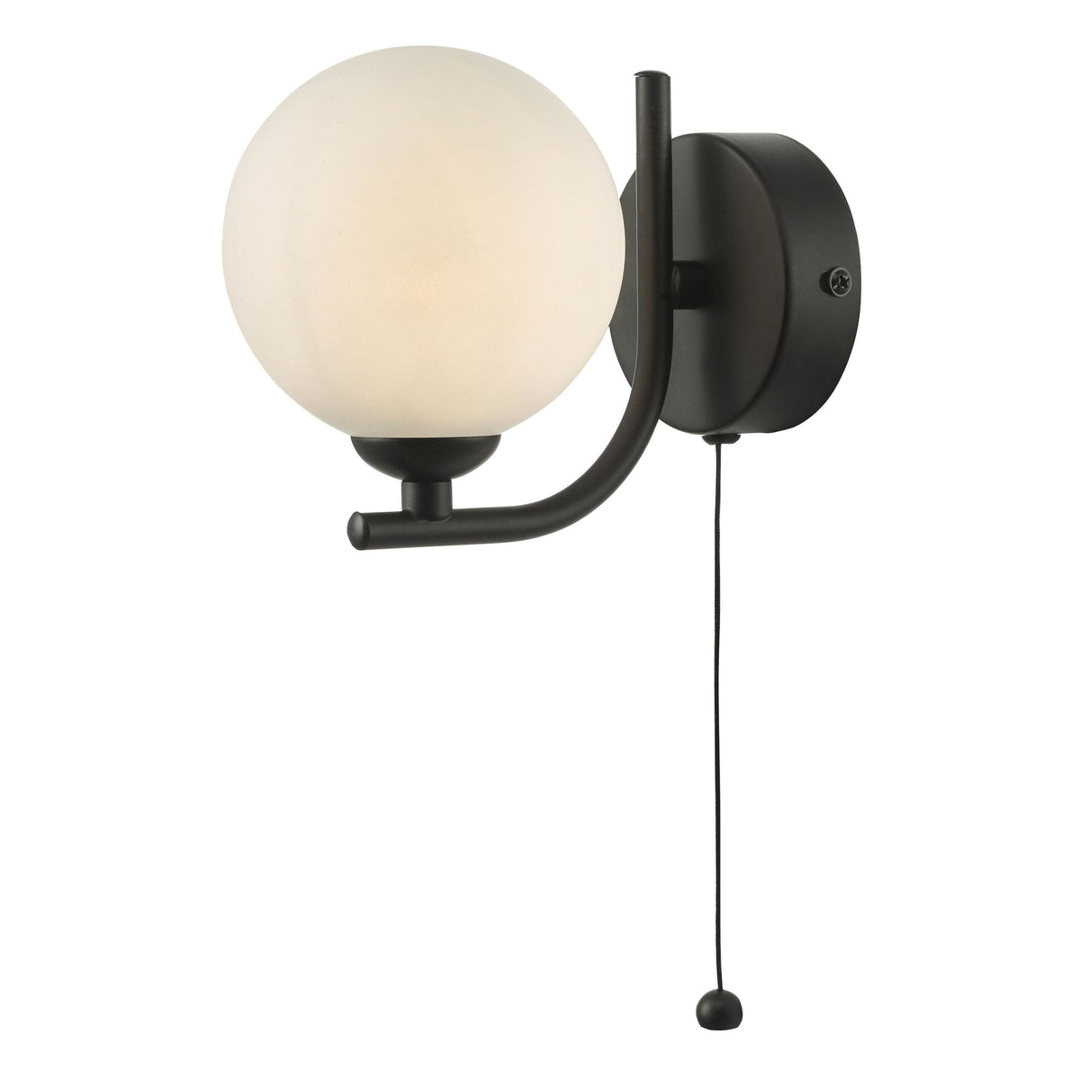 Black wall light with a round, frosted glass shade and a pull chain switch.