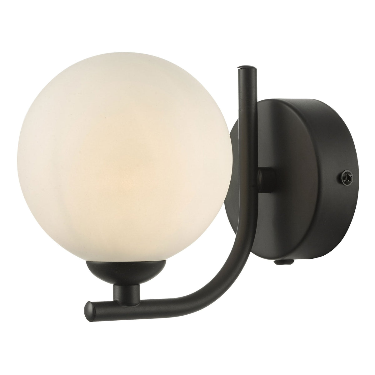 Modern black wall sconce with a spherical frosted glass shade, emitting a warm glow.