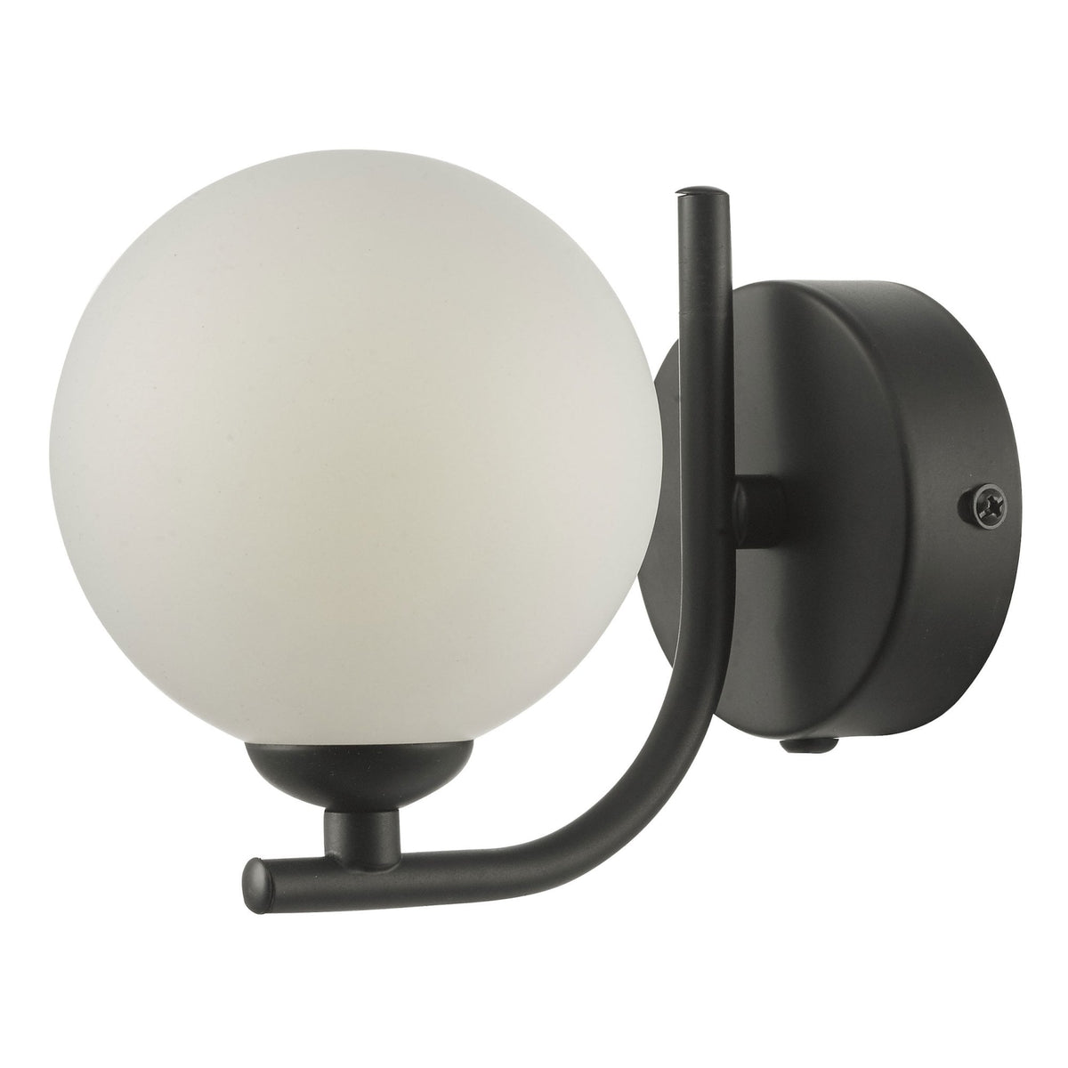 Black wall sconce with a white spherical glass shade.