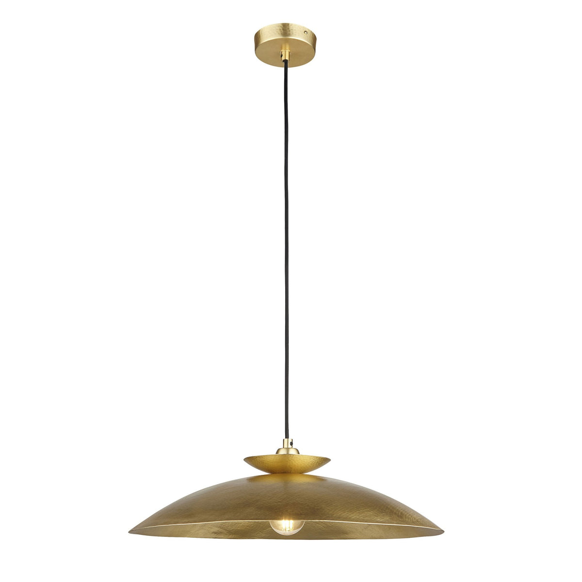 A full view of a single gold-colored pendant lamp with a wide, curved shade and an exposed bulb.