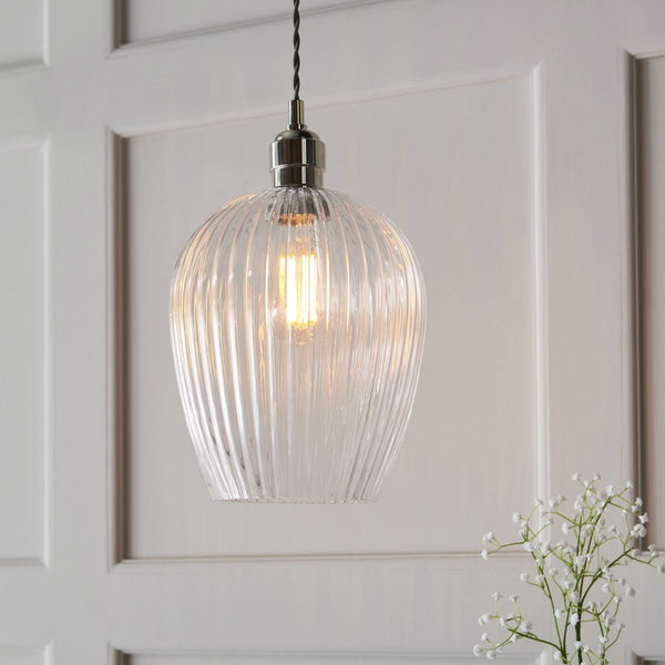 Hoburne Pendant in Bright Nickel with Clear Ribbed Glass