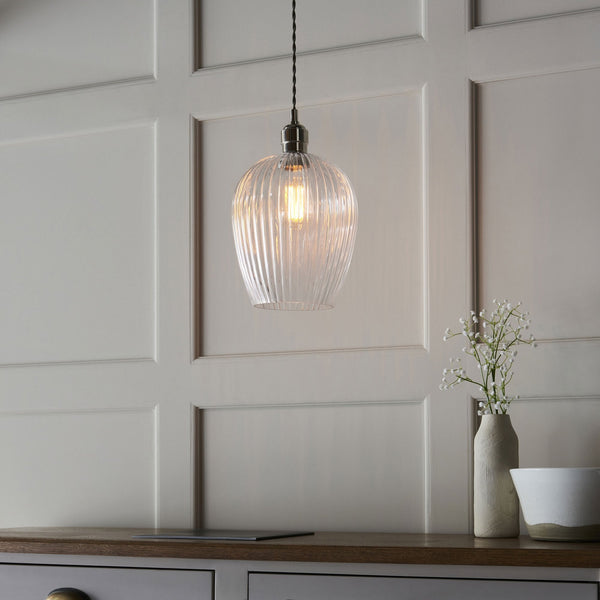 Hoburne Pendant in Bright Nickel with Clear Ribbed Glass
