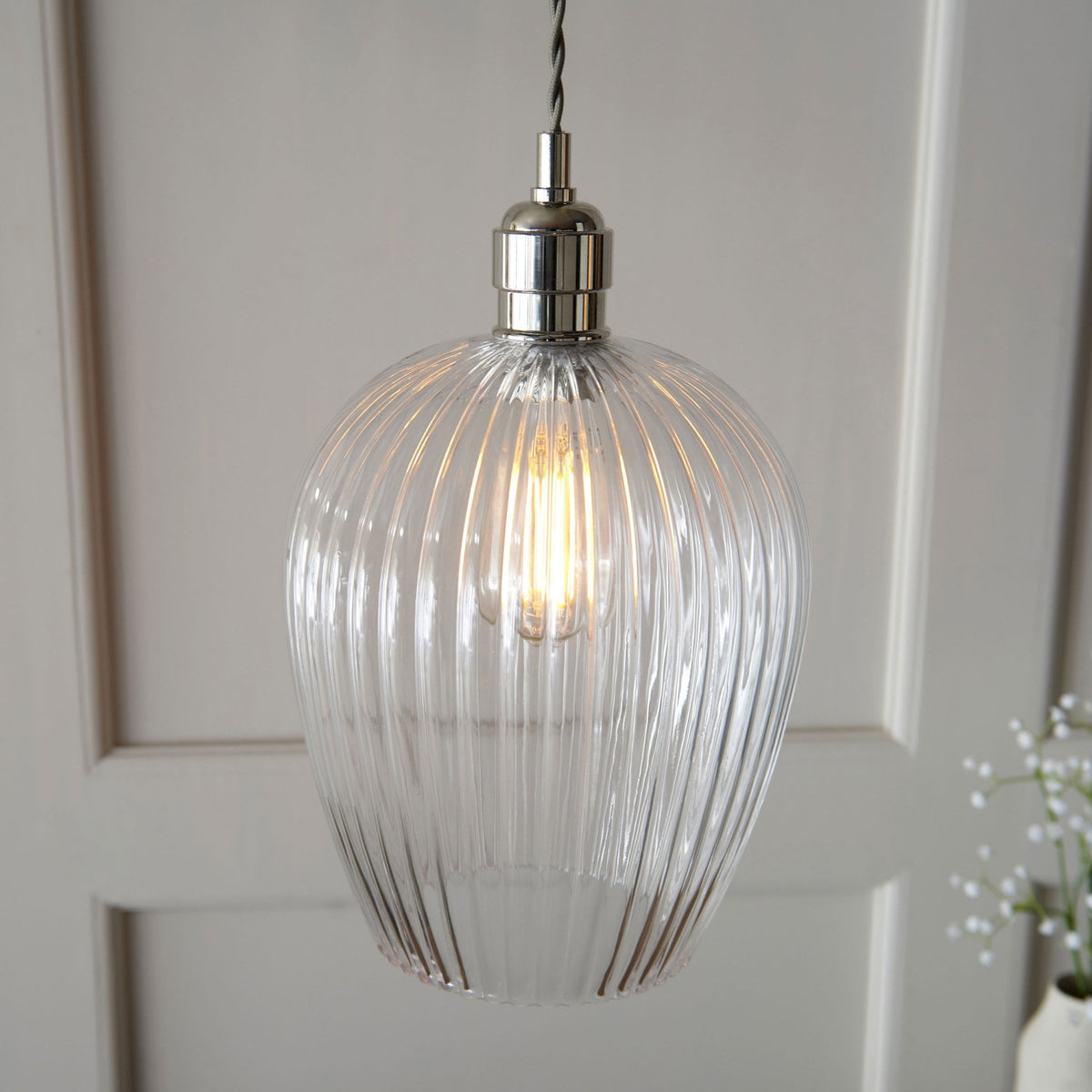 Hoburne Pendant in Bright Nickel with Clear Ribbed Glass