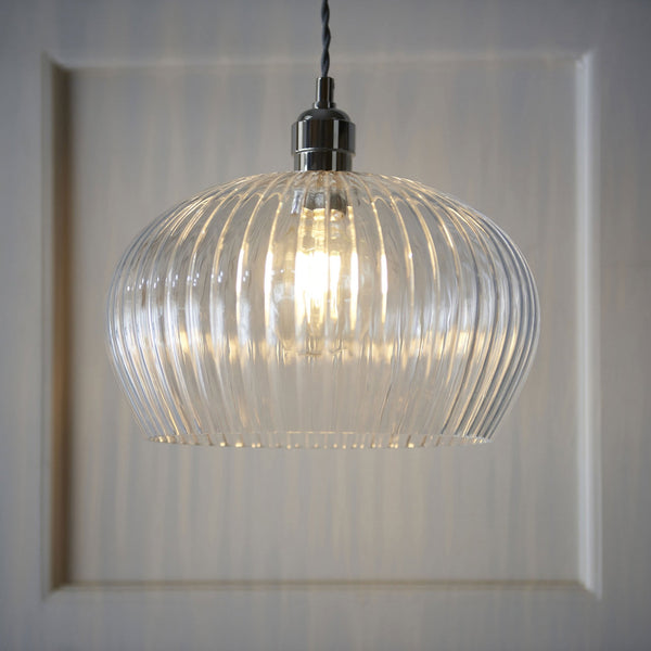 Hoburne Medium Pendant in Bright Nickel with Clear Ribbed Glass
