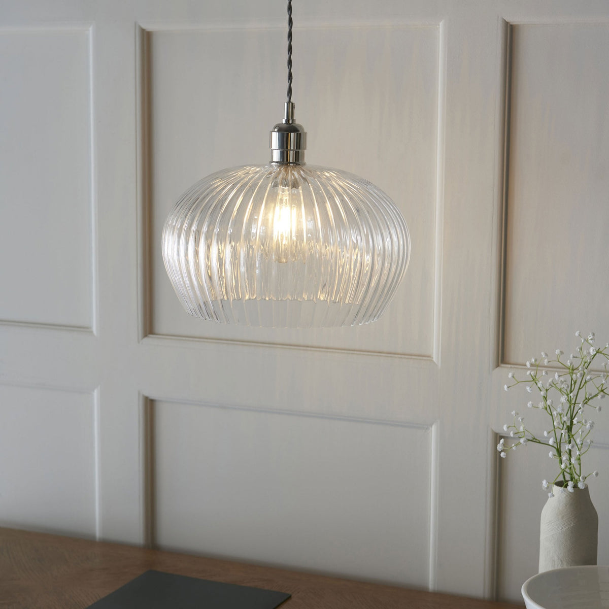 Hoburne Medium Pendant in Bright Nickel with Clear Ribbed Glass